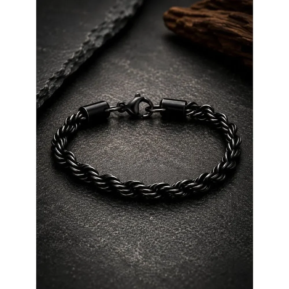 Vintage Black Stainless Steel Thick Rope Bracelet